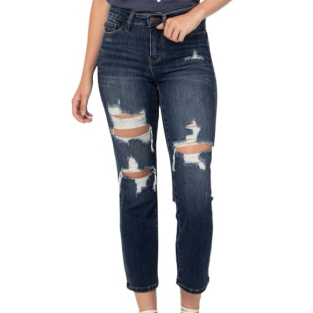 JUDY BLUE Mid Rise CropWalnut Creek Distressed Straight Dark Wash size 9 / 29